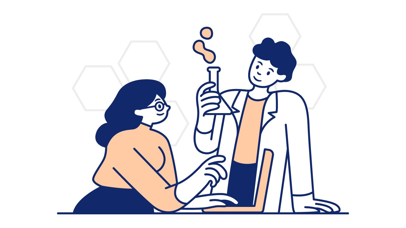 Two scientists working on a laptop and examining a chemical flask.