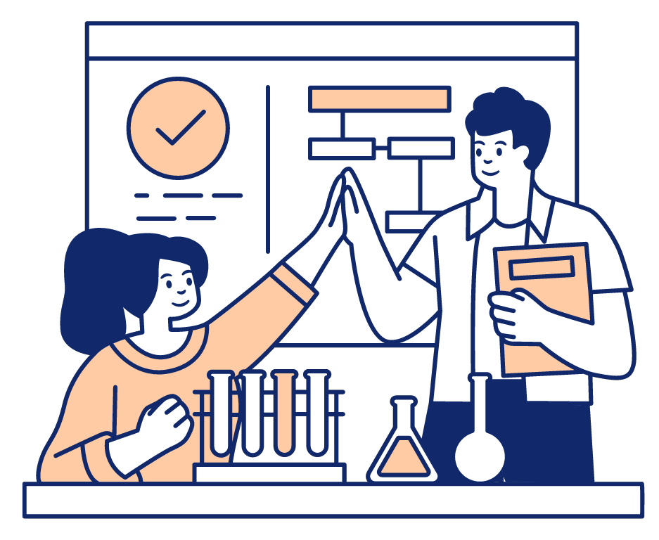 Two scientists sitting at a lab station with lab equipment on the table